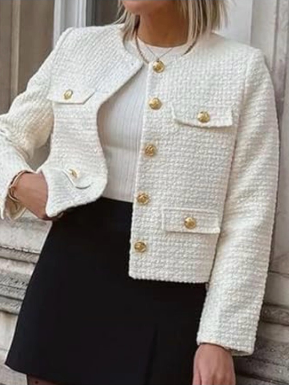 Cropped Ivory Bouclé Blazer with Gold Buttons